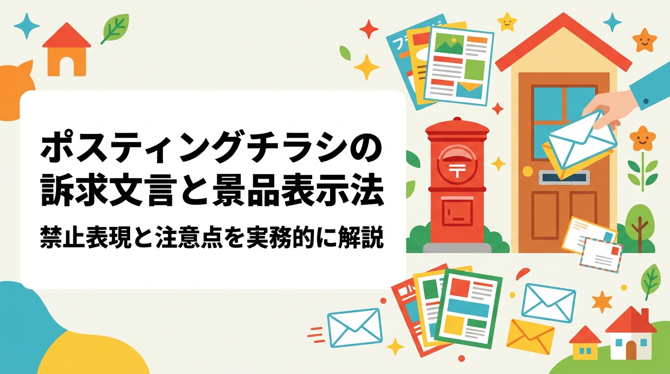 ポスティングチラシの文言で景品表示法・薬機法に違反すると行政処分リスクがあります。「No.1」「必ず痩せる」など禁止表現の具体例と、根拠が必要な比較表現の注意点を実務的に解説します。