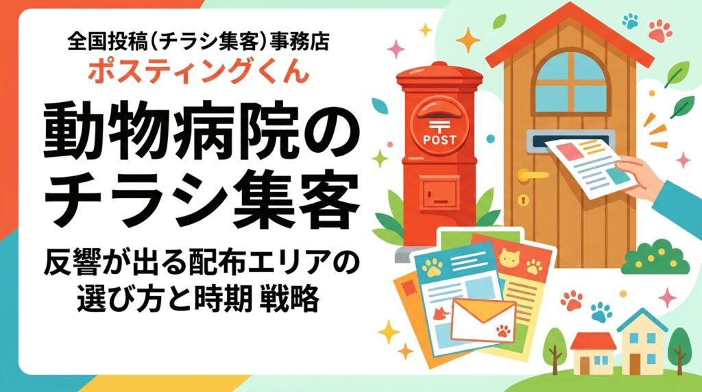 開業・移転した動物病院やペットサロン向けに、チラシ集客で成果を出す配布エリアの見立て方を解説。ペット飼育世帯が多い住宅地の判断基準、戸建て中心配布との相性、予防接種シーズンの訴求、小ロット検証とGPS報告の活用法まで実務目線でまとめました。
