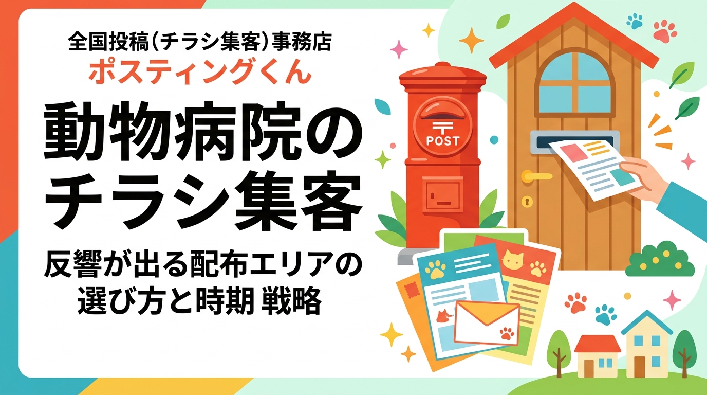 開業・移転した動物病院やペットサロン向けに、チラシ集客で成果を出す配布エリアの見立て方を解説。ペット飼育世帯が多い住宅地の判断基準、戸建て中心配布との相性、予防接種シーズンの訴求、小ロット検証とGPS報告の活用法まで実務目線でまとめました。