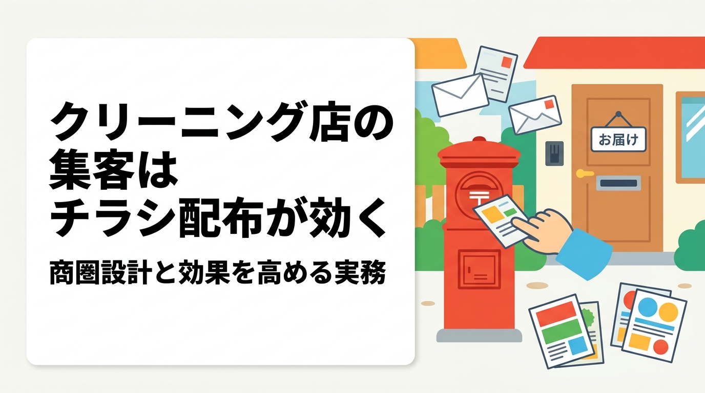 クリーニング店・コインランドリーの集客にチラシ配布が有効な理由を解説。徒歩圏の狭い商圏設計、衣替えや布団・コート需要の季節性、割引券の作り方、料金目安と反響率の考え方まで実務的にまとめました。