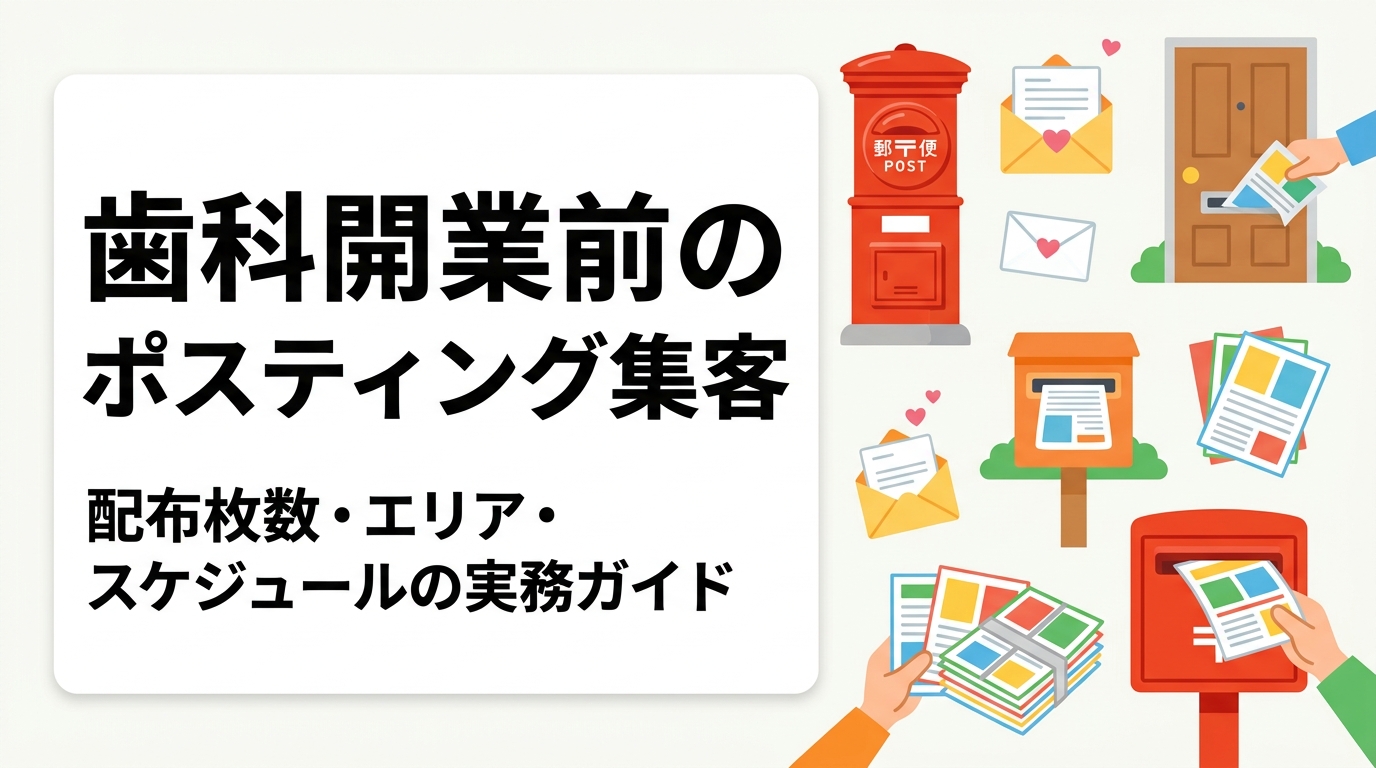 歯科医院の開業前ポスティングで患者を集める方法を解説。配布枚数・半径の目安、開業1〜2か月前からのスケジュール、チラシ記載内容、GPS報告による配布確認まで実務的に紹介します。