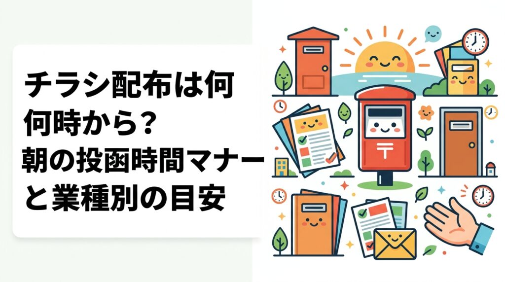 チラシ配布は朝何時から配ってよいのか、法律上の考え方と実務マナーを解説。早朝の投函音への配慮、業種別に適した時間帯の目安、クレームを防ぐ運用ルールまでポスティング実務の視点で整理します。