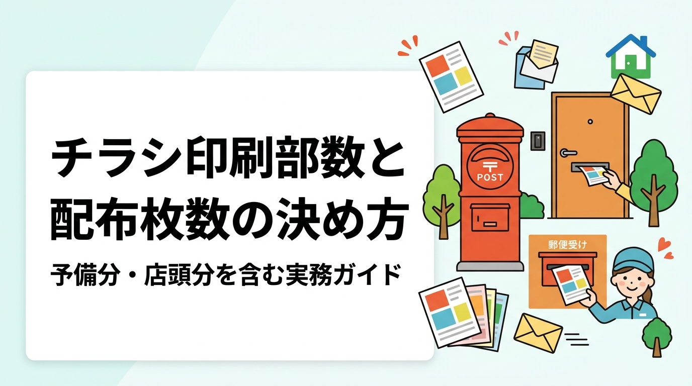 チラシの印刷部数と配布枚数はイコールではありません。予備分・店頭配布分・折込併用分の見込み方、部数と配布枚数の差分の考え方、用紙サイズや納品スケジュールの注意点、費用目安まで販促担当者向けに実務的に解説します。