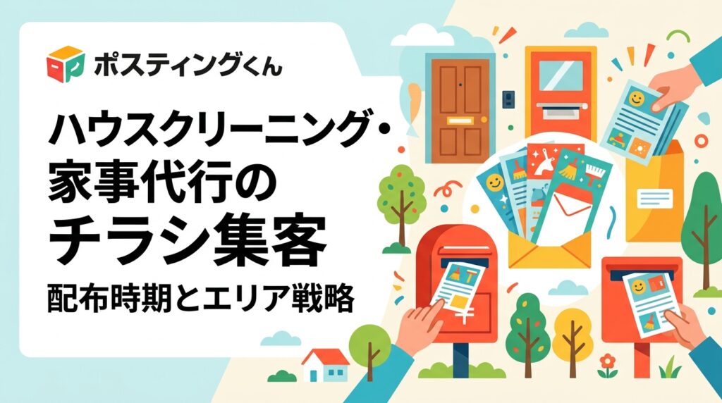 ハウスクリーニングと家事代行のチラシ集客を実務目線で解説。年末や引っ越し需要期の配布タイミング、共働き世帯が多いエリアの狙い方、メニュー別料金の見せ方、小ロットから始める検証手順と費用目安を紹介します。