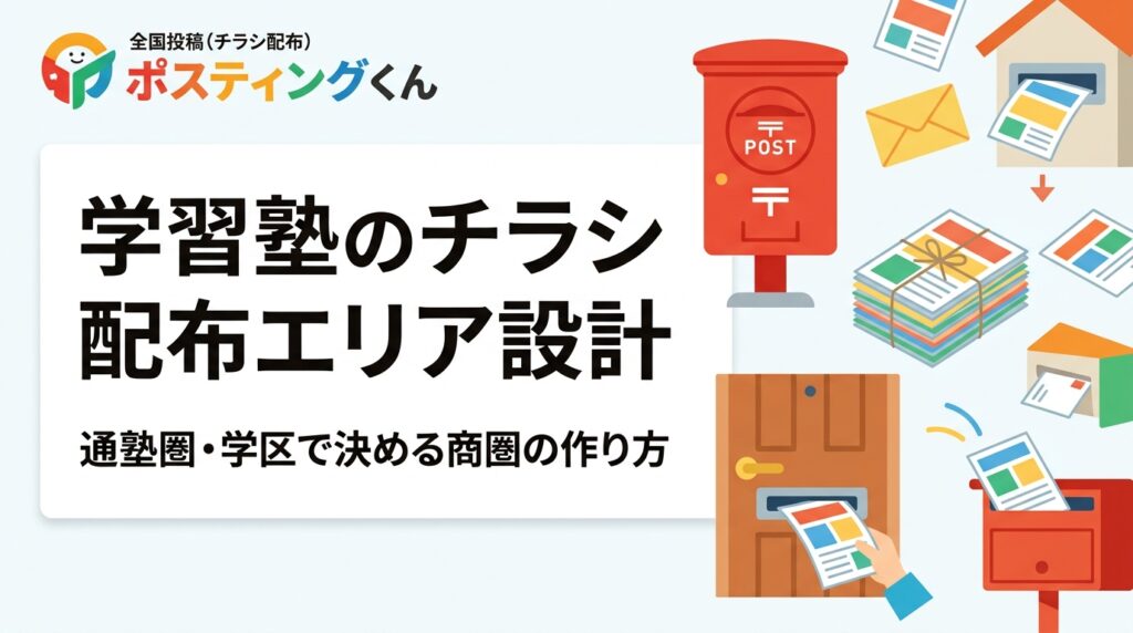 学習塾・個別指導教室のチラシ配布は「通塾圏」の見極めが要。徒歩・自転車圏や学区単位のエリア指定、集合住宅比率の読み方、兄弟・保護者訴求まで、教室長向けに配布エリア設計の実務手順を目安数値つきで解説します。