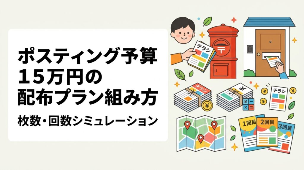 ポスティング予算15万円で何枚配れる？印刷込みと配布のみの違い、単発集中型と3回分割型の配分例を目安金額でシミュレーション。エリア選定やまとめ配布割引でコストを抑える考え方、費用対効果の測り方まで実務目線で解説します。