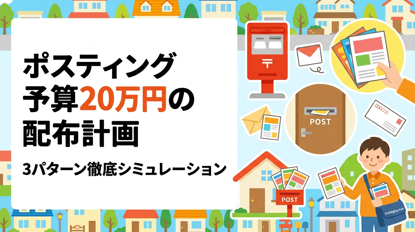 ポスティング予算20万円で何枚配れるのか。1回大量配布・月次分割継続・印刷込みワンストップの3パターンで配布計画をシミュレーション。相場の目安、エリア設計、反響検証の手順まで販促担当者向けに解説します。