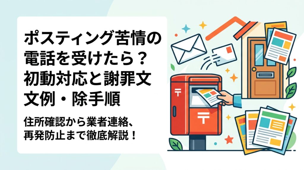 チラシのポスティングに苦情の電話を受けたときの初動対応を時系列で解説。住所確認から配布除外の約束、社内共有、代行業者への連絡までの手順と、電話・書面で使える謝罪文例、再発防止策をまとめました。