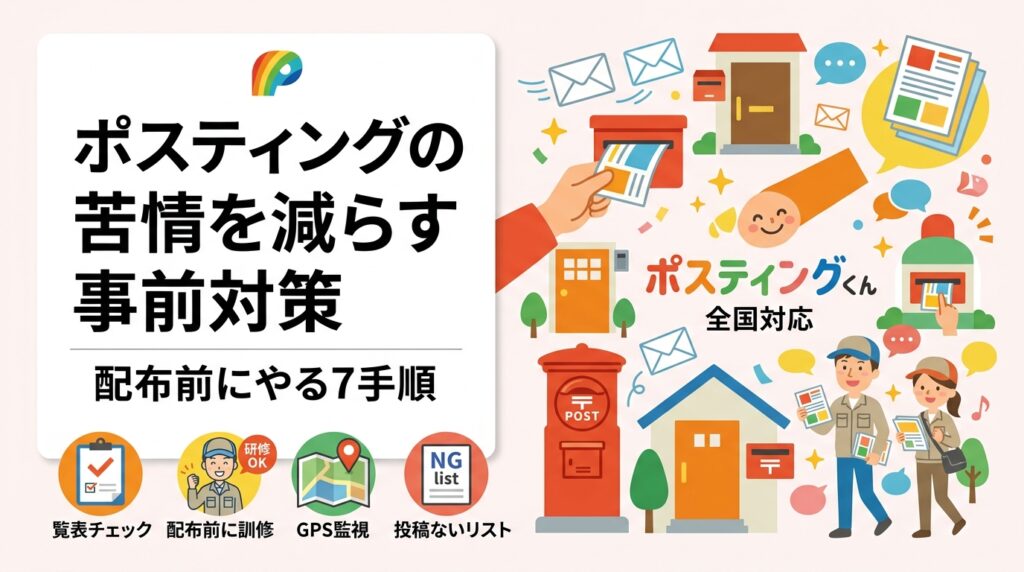 ポスティングの苦情が不安な事業者向けに、配布前にできる予防策を手順化。お断り表示の登録、配布除外リストの共有、投函口の扱い、配布員教育、小ロット検証、GPS報告での照合まで実務目線で解説します。