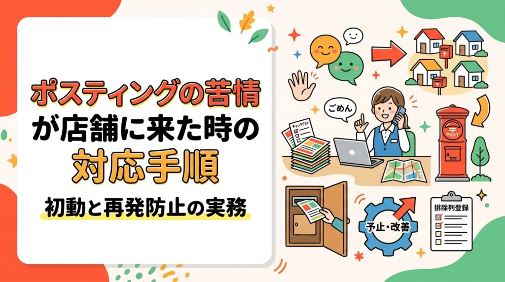 チラシへの苦情電話を受けた店舗・事業者向けに、初動対応の手順を解説。謝意の伝え方、配布日時とエリアの特定、当該住所の除外リスト登録、再発防止までを具体的に整理。GPS配布報告の活用法も紹介します。