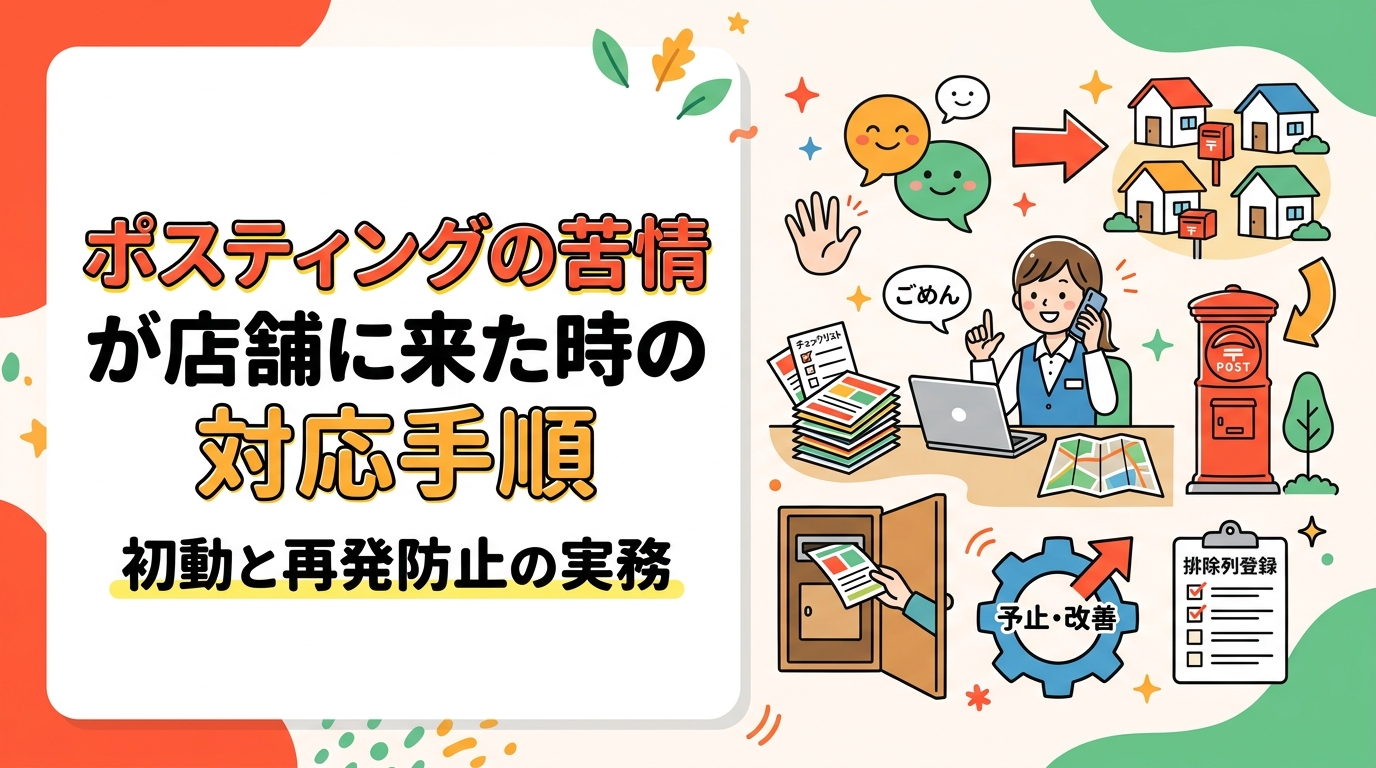 チラシへの苦情電話を受けた店舗・事業者向けに、初動対応の手順を解説。謝意の伝え方、配布日時とエリアの特定、当該住所の除外リスト登録、再発防止までを具体的に整理。GPS配布報告の活用法も紹介します。