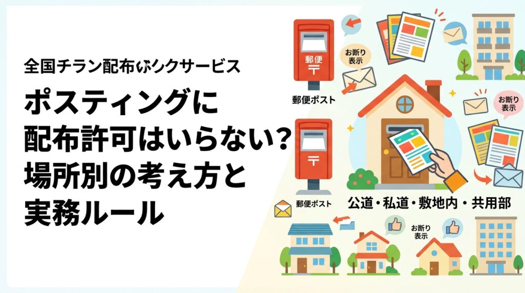 ポスティングに行政の許可は一般的に不要ですが、実務では「お断り表示」への配慮が必須です。公道・私道・敷地内・共用部という場所ごとの考え方、投函禁止物件の管理、クレームを防ぐ運用手順を事業者向けにわかりやすく解説します。