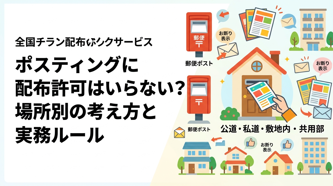 ポスティングに行政の許可は一般的に不要ですが、実務では「お断り表示」への配慮が必須です。公道・私道・敷地内・共用部という場所ごとの考え方、投函禁止物件の管理、クレームを防ぐ運用手順を事業者向けにわかりやすく解説します。