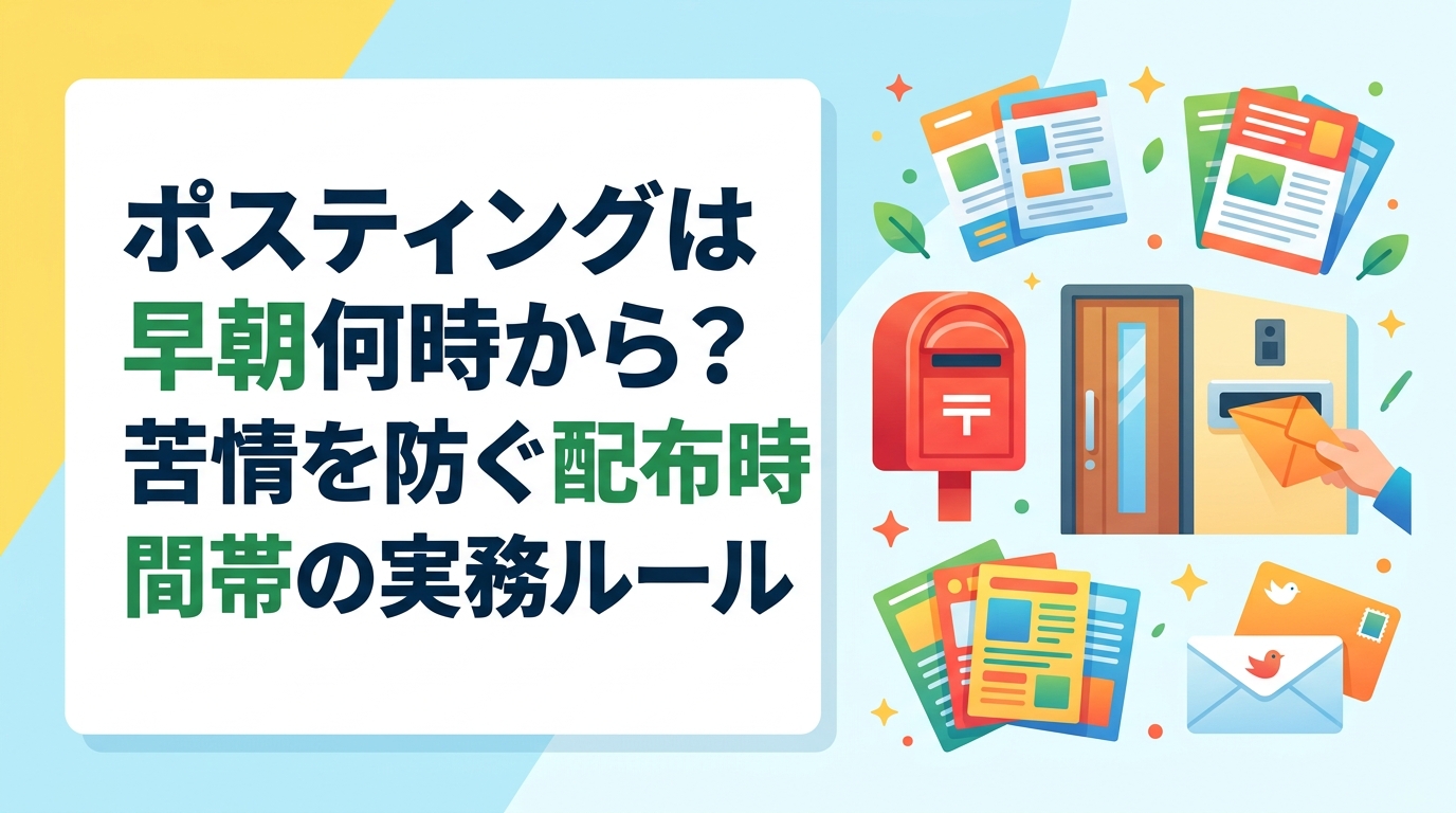 ポスティングの早朝配布は何時から可能か、苦情が起きやすい時間帯と理由を実務目線で解説。集合住宅のエントランス利用や騒音配慮、時間指定・GPS報告で配布時刻を確認する方法まで具体的にまとめました。
