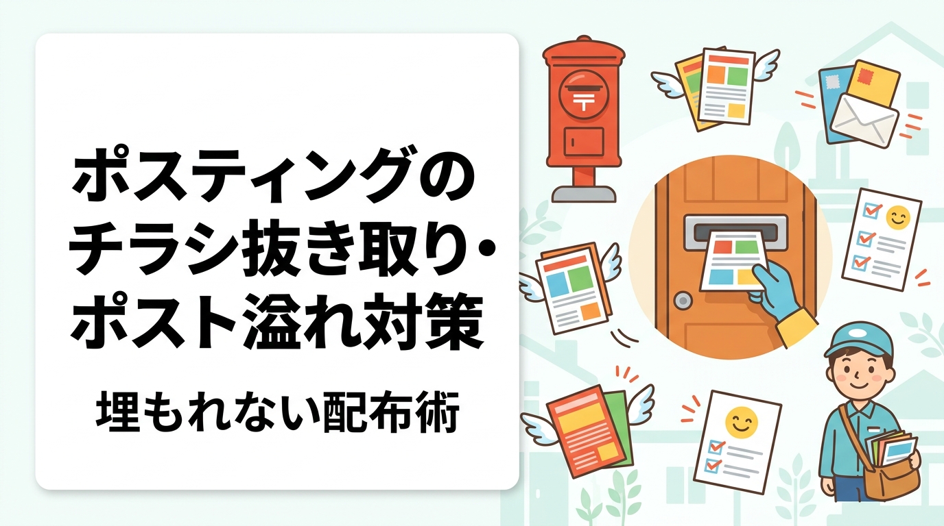 ポストが他社チラシで満杯、自社チラシが抜き取られていないか不安。埋もれないための折り方・投函の向き・サイズ選び・配布時期の工夫と、GPS配布報告で「配ったか」を確認する方法を具体的に解説します。