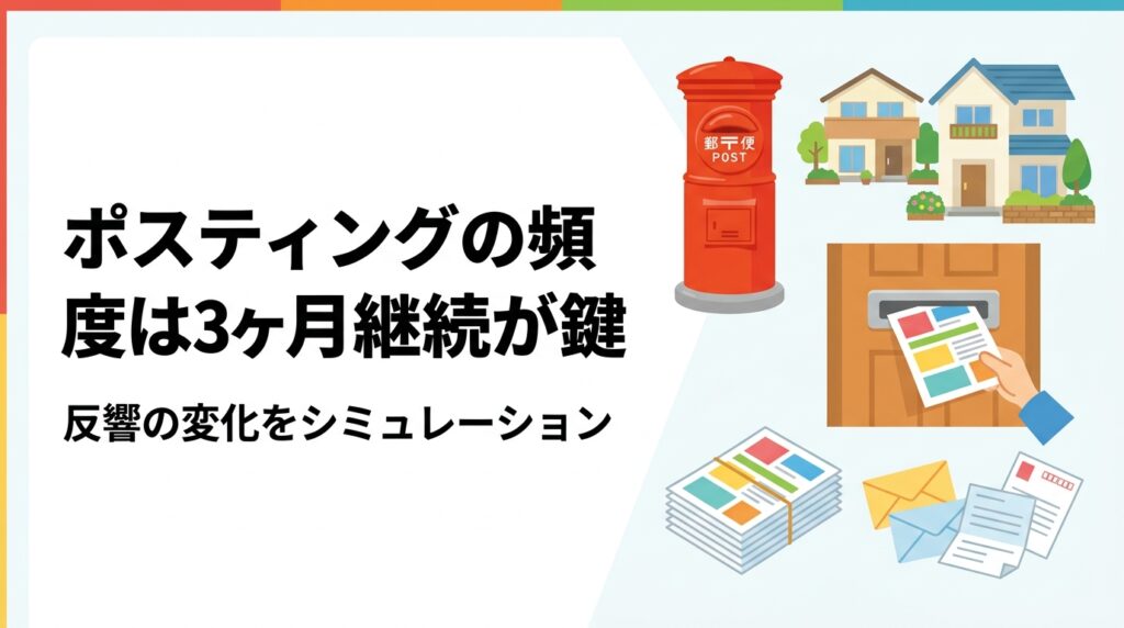 ポスティングは単発と月1回×3ヶ月継続で反響がどう変わるのか。同一エリア再配布の間隔、認知の積み上げ、業種別の目安反響率、費用の考え方をシミュレーション形式で解説します。継続配布の設計に迷う店舗・治療院・塾の方は必見です。