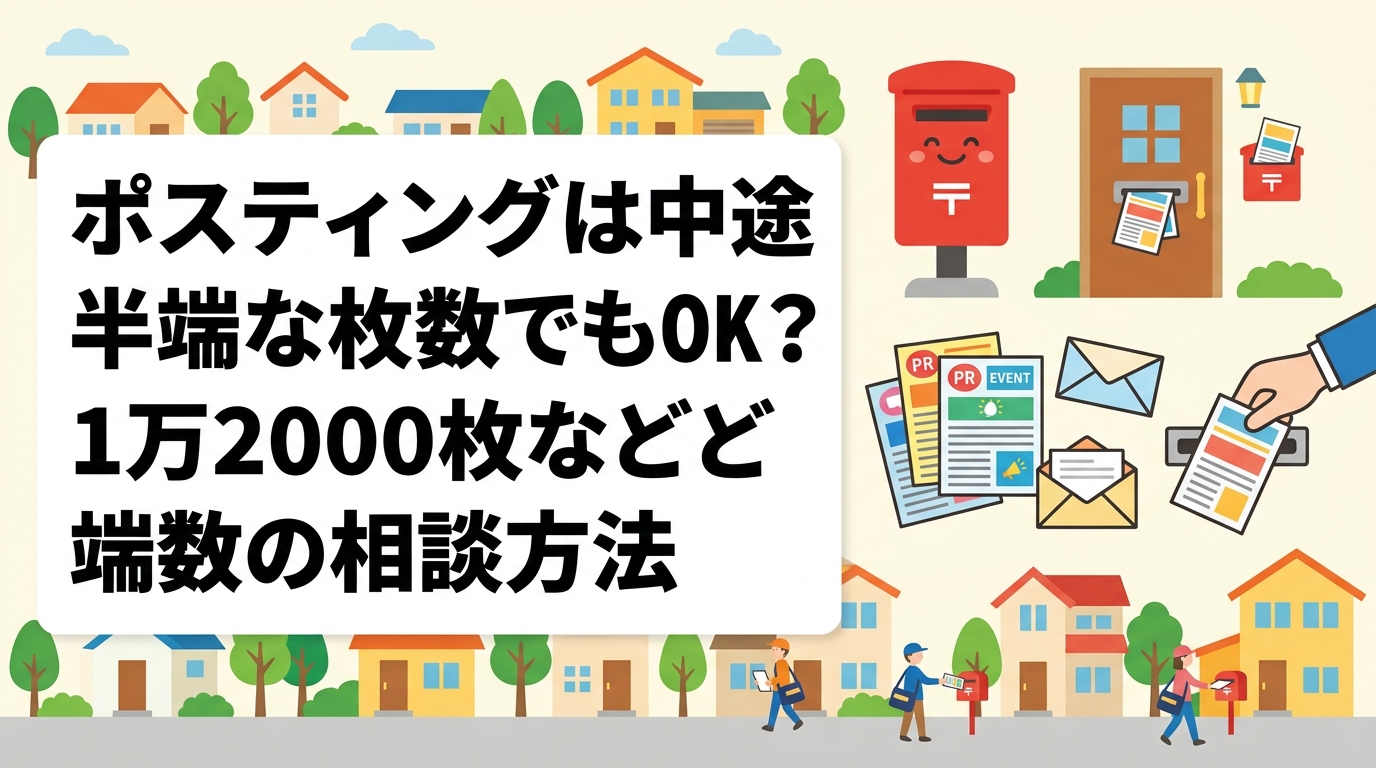 1万2000枚など中途半端な枚数でポスティングを依頼したい方へ。端数枚数の可否、余ったチラシの扱い、世帯数と枚数が合わないときのエリア拡張や配布密度の調整方法、料金の目安まで実務的に解説します。
