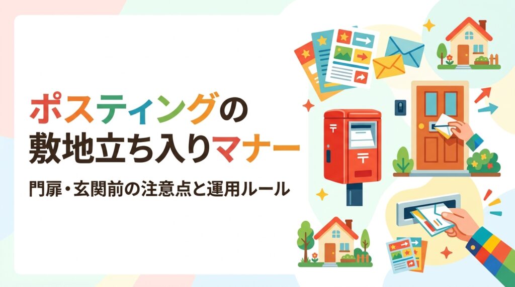 ポスティングで敷地内へどこまで立ち入ってよいのか、門扉の内側や玄関前ポストへの投函可否をマナーの観点で整理。クレームや法的リスクを避ける運用ルール、配布員教育、GPS報告による配布実態の確認方法まで実務目線で解説します。
