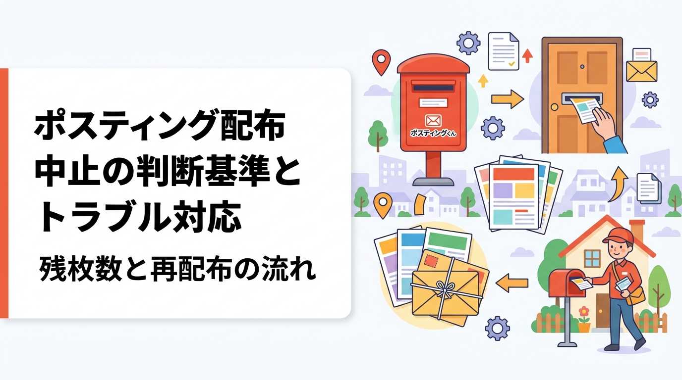 ポスティングで配布を中止・回避すべき典型ケースと判断基準を解説。悪天候や住民からの申し出、立入禁止表示への対応、配布できなかった枚数の精算・残枚数の扱い・再配布の手順まで、発注者が事前に決めておきたい取り決めを実務目線で整理します。
