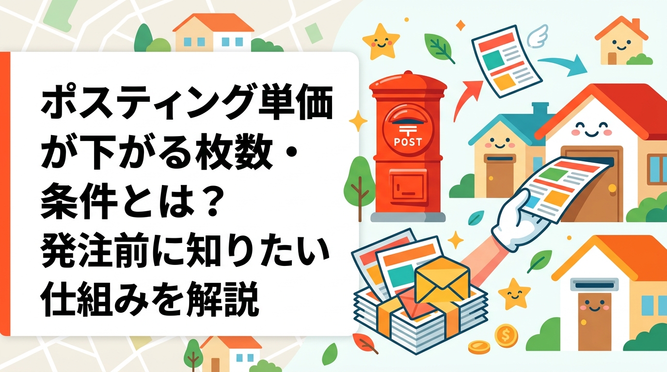 ポスティングの単価が下がる枚数・エリア・時期・まとめ配布などの条件を実務目線で解説。法人・フランチャイズ本部が発注コストを抑えるための判断基準とシミュレーション例を紹介します。