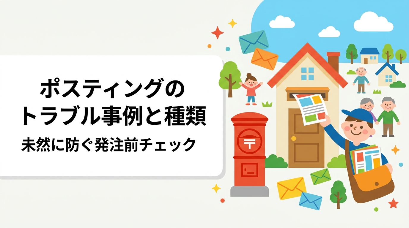 ポスティングで起きやすいトラブルを未配布疑い・投函禁止先への投函・誤配・納期遅延・追加請求の5類型に整理し、契約時の確認事項と予防策を解説。GPS報告と明朗会計で防げる範囲も具体的に紹介します。