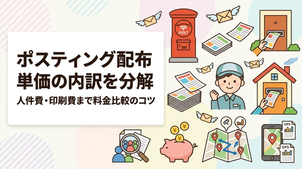 ポスティングの配布単価は何で決まるのか。配布員の人件費、エリア移動、管理費、GPS報告作成、別枠となる印刷費まで内訳を分解し、相場の目安と見積り比較の着眼点を解説します。エリア・枚数・時期で変動する前提で読み解きましょう。