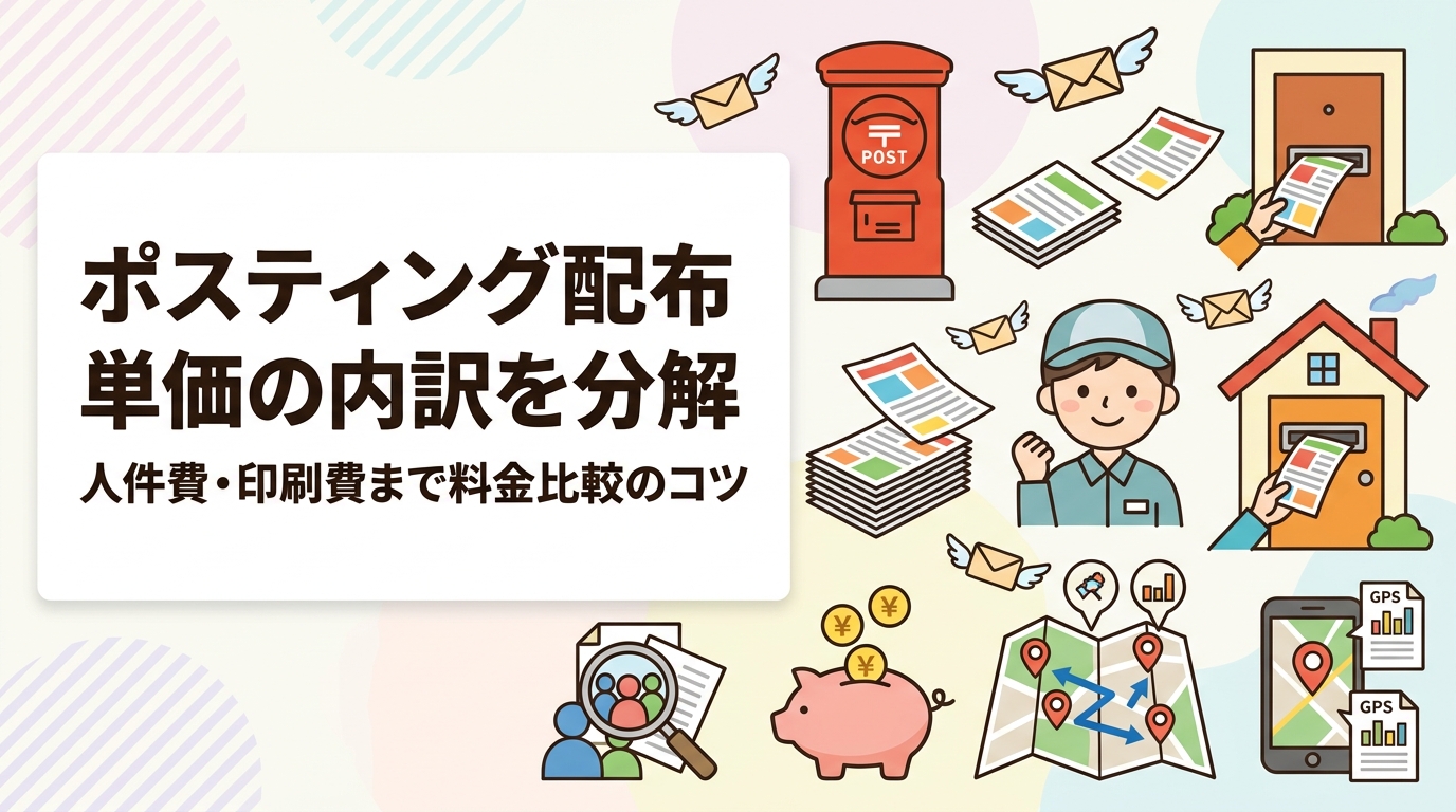 ポスティングの配布単価は何で決まるのか。配布員の人件費、エリア移動、管理費、GPS報告作成、別枠となる印刷費まで内訳を分解し、相場の目安と見積り比較の着眼点を解説します。エリア・枚数・時期で変動する前提で読み解きましょう。