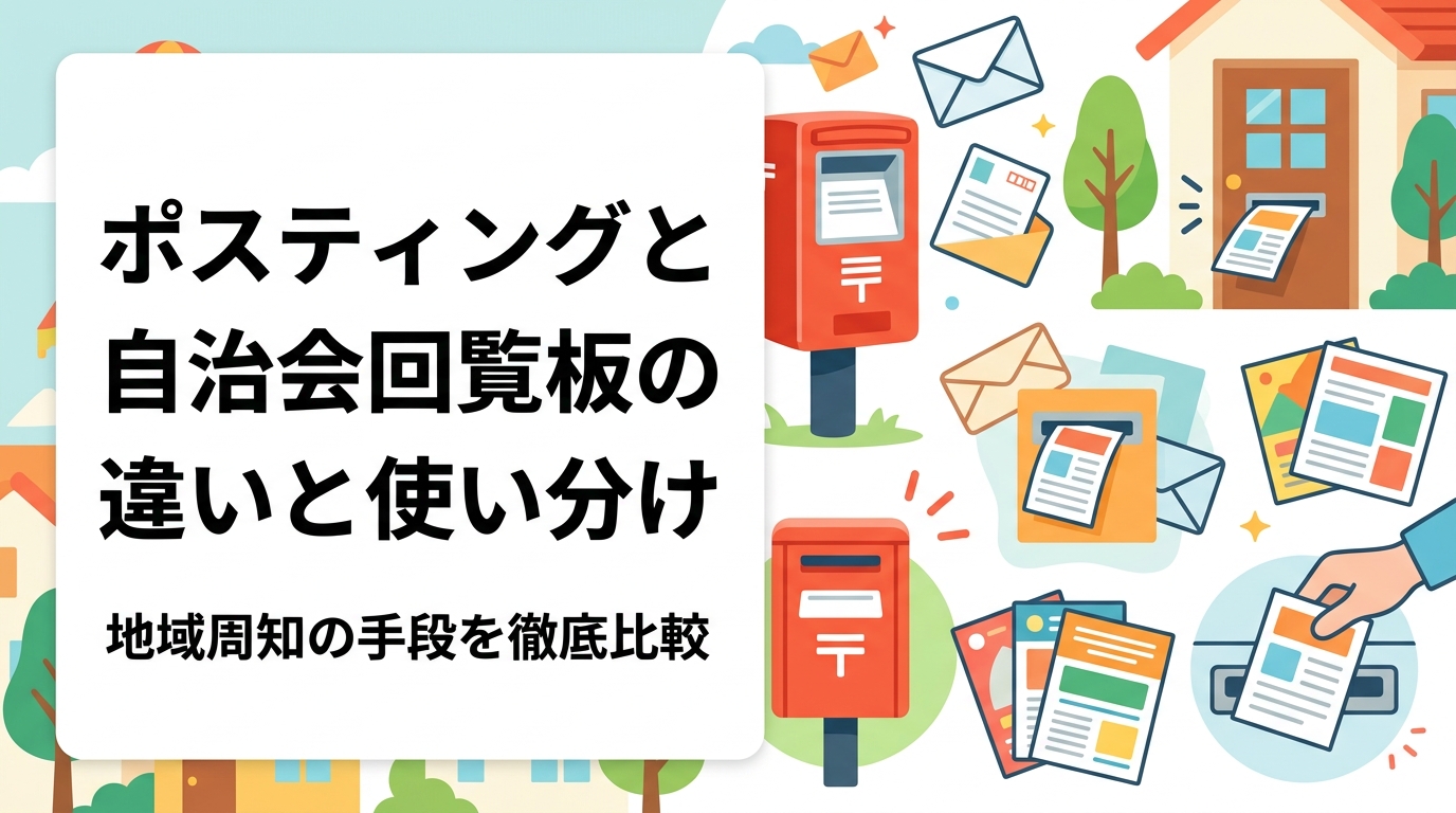 ポスティングと自治会回覧板の到達率・費用・スピードを実務的に比較。自治会加入率低下で回覧板が届かない現状と、地域密着型ビジネスが使い分けるべき周知手段の選び方をわかりやすく解説します。