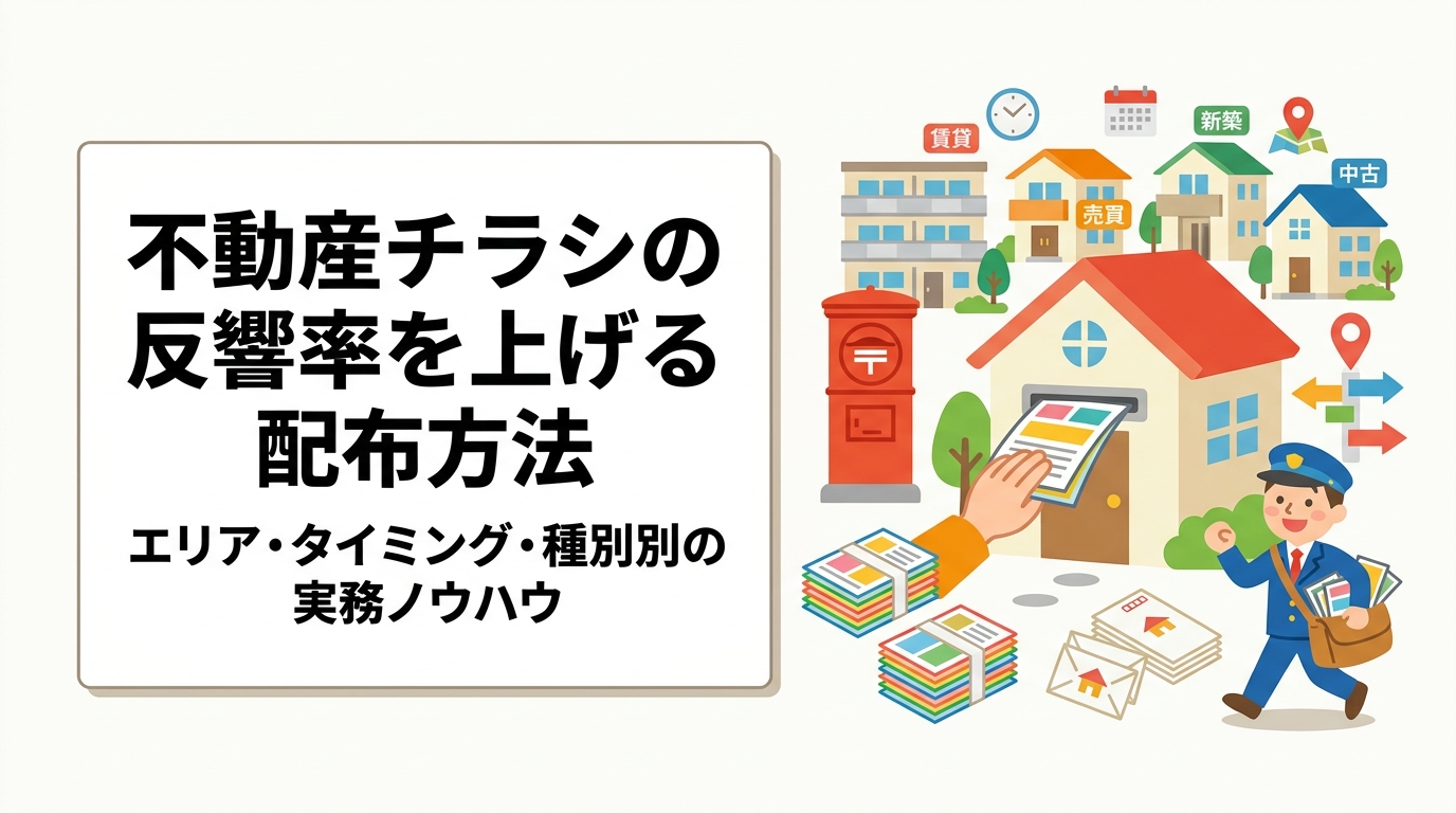 不動産チラシの反響率を高めるには、物件種別・配布エリア・タイミングの掛け合わせが鍵です。賃貸・売買・新築・中古別の戦略からGPS配布管理まで実務視点で解説します。