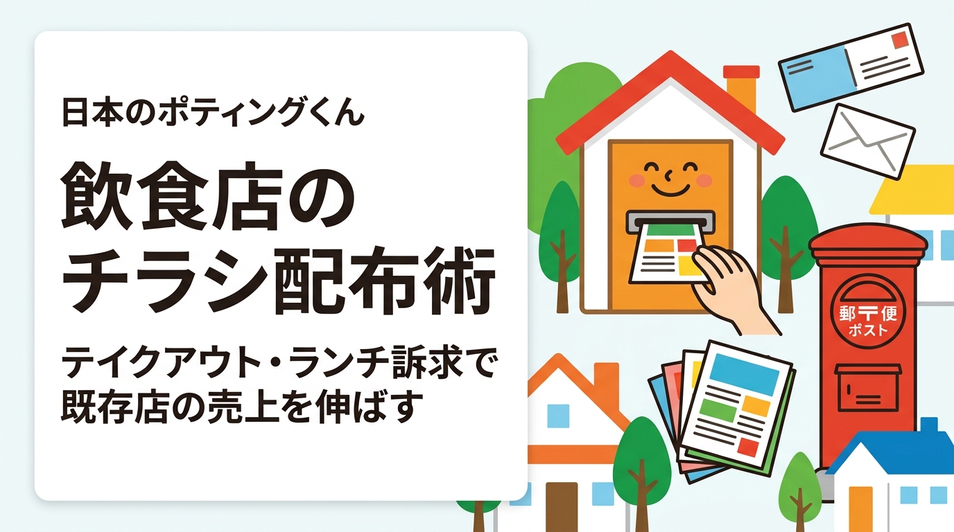 既存の飲食店がテイクアウトとランチを強化するためのチラシ配布ガイド。商圏半径の決め方、曜日別の配布設計、クーポンの原価計算、回収率の測り方まで実務的に解説。反響率や料金は目安として提示します。