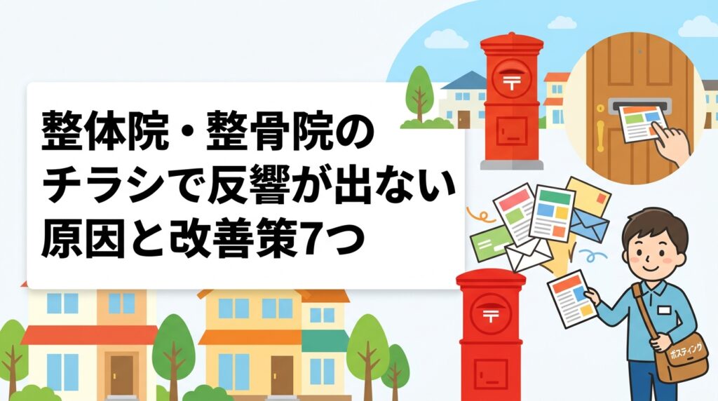 整体院・整骨院のチラシを配っても来院につながらない。原因は訴求・配布エリア・回数のどれかにあります。症状名の具体化や初回価格の見せ方、半径設定、広告表現の注意点まで実務目線で解説します。