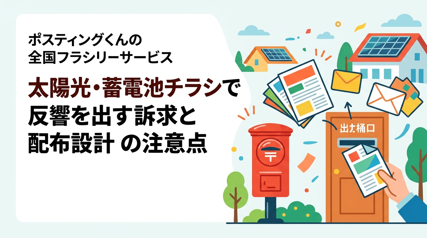 太陽光・蓄電池のチラシ集客で成果を出すには、戸建て持ち家層に絞った配布設計と法令に配慮した訴求が重要です。屋根形状や築年数によるエリア選定、反響率・費用の目安、クレーム予防策までポスティング実務の観点で解説します。